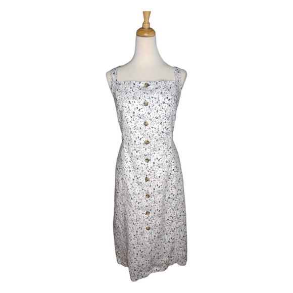 Gap White Grey Black Floral Linen Bib Front Button Down Dress w Pockets 16 Tall - Picture 2 of 9